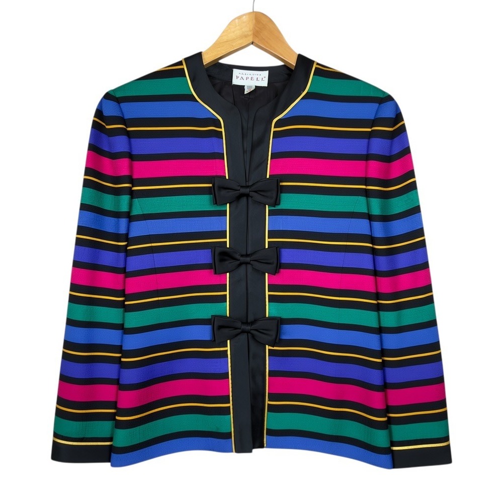 Adrianna Papell Silk Blazer Womens 6 Multicolor Striped Bow Vintage 80's Jacket